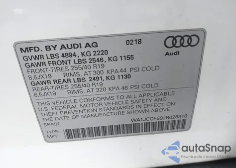 2018 Audi Q3 2.0T Premium/2.0T Sport Premium z USA, uszkodzony, nr VIN WA1JCCFS9JR026318